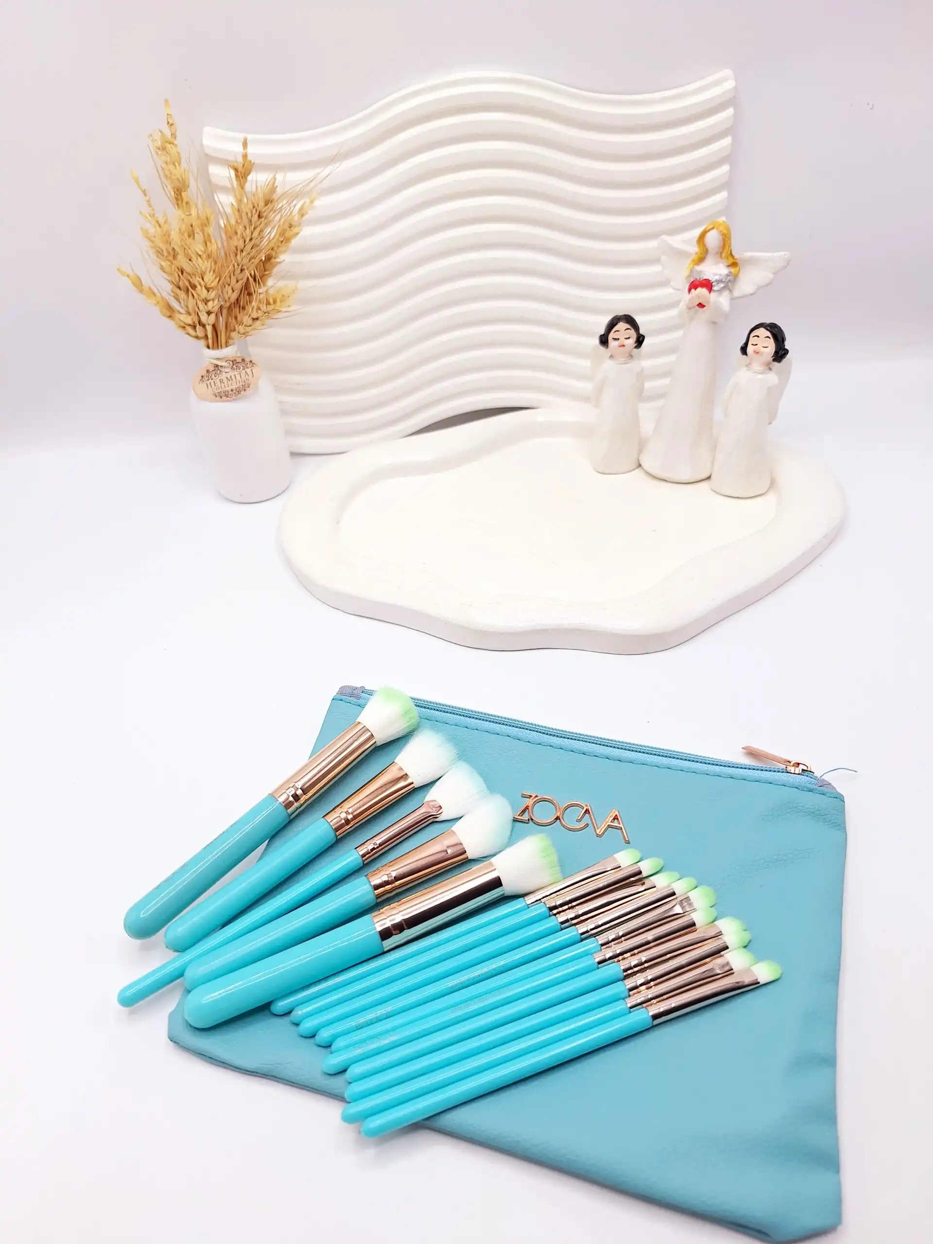 ست براش صورتی اصل 15 عددی لاکچری زووا با کیف چرمی (رنگ آبی روشن)